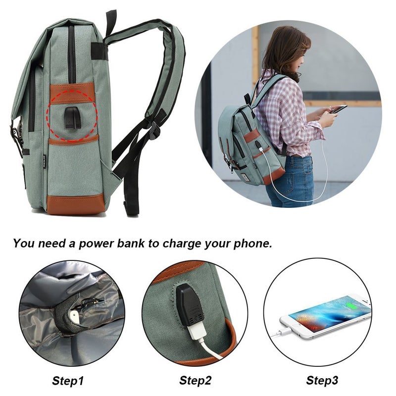 Feskin Vintage Laptop Backpack for Women Men, School College Backpack with USB Charging Port & Headphone Jack, Fashion Backpack Fits 15.6 inch Notebook - Green-Function Update - Image 3